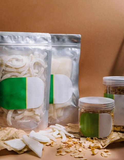Dried coconut in clear-front opaque-back zipper pouches beside jars