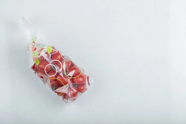 Cherry tomatoes in a printed transparent produce bag