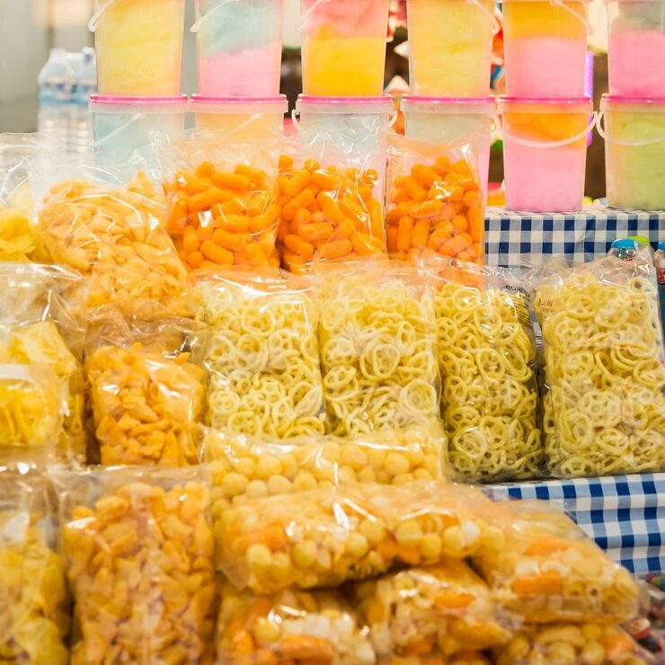 A stall display of snacks packed in clear bags