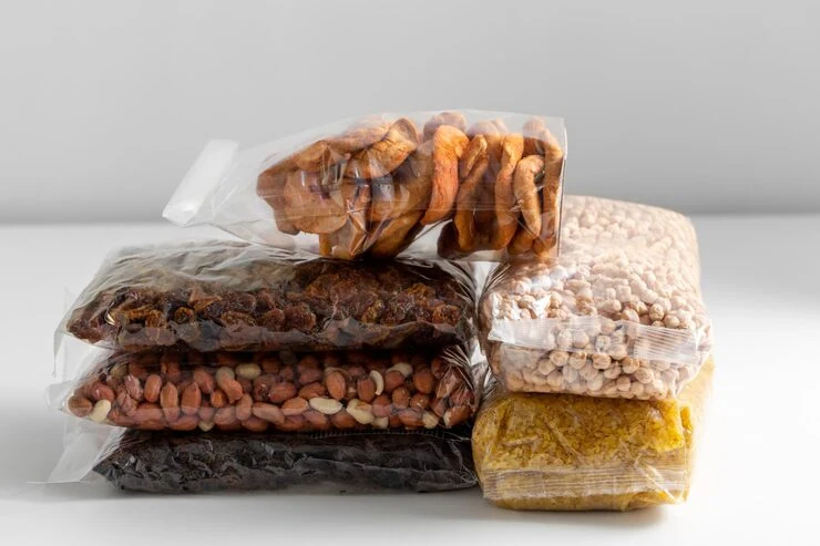 Stacked transparent bags of dried fruits, nuts and grains