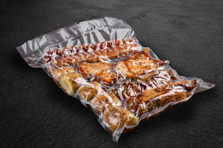 Prepared food in tightly drawn transparent vacuum packaging