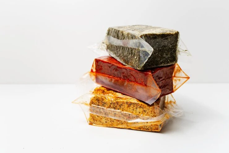 Three differently seasoned tofu blocks in close-fitting sealed film