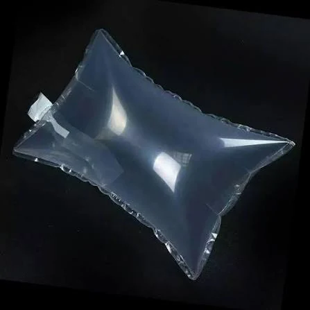 Transparent inflated protective pouch with sealed edges on a dark background