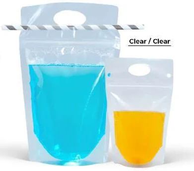 Transparent beverage pouches with carry handles