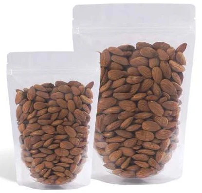 Two transparent zipper pouches filled with almonds