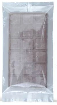 Transparent wrapper containing a chocolate bar