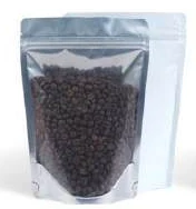 Clear-front foil pouch filled with coffee beans