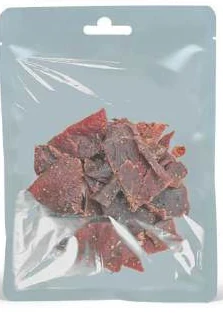Transparent hanging pouch containing dried meat