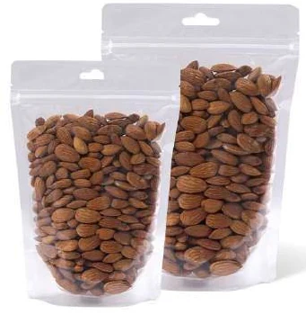Crystal-clear hanging pouches filled with almonds