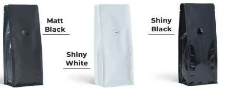Black and white flat-bottom coffee pouches with valves