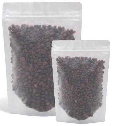 Frosted transparent pouches filled with coffee beans