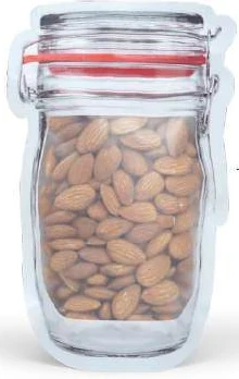 Jar-shaped frosted zipper pouch filled with almonds