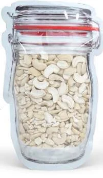 Jar-shaped clear zipper pouch filled with cashews