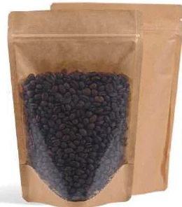 Brown paper pouch with a clear front showing coffee beans