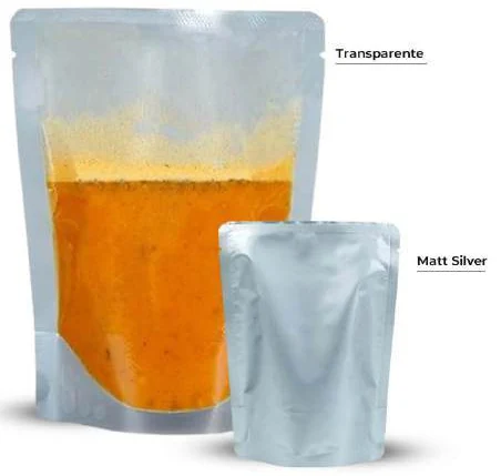 Transparent and matt silver retort pouches