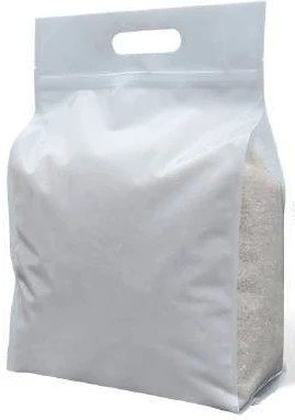 White rice pouch with a carry handle and transparent side panel