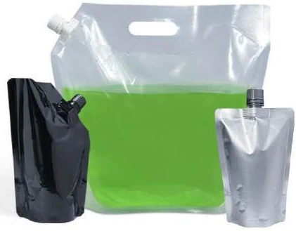Clear black and silver liquid spout pouches