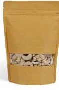 Brown textured paper pouch with a rectangular clear window