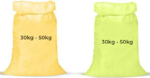 Yellow and green woven polypropylene transport sacks
