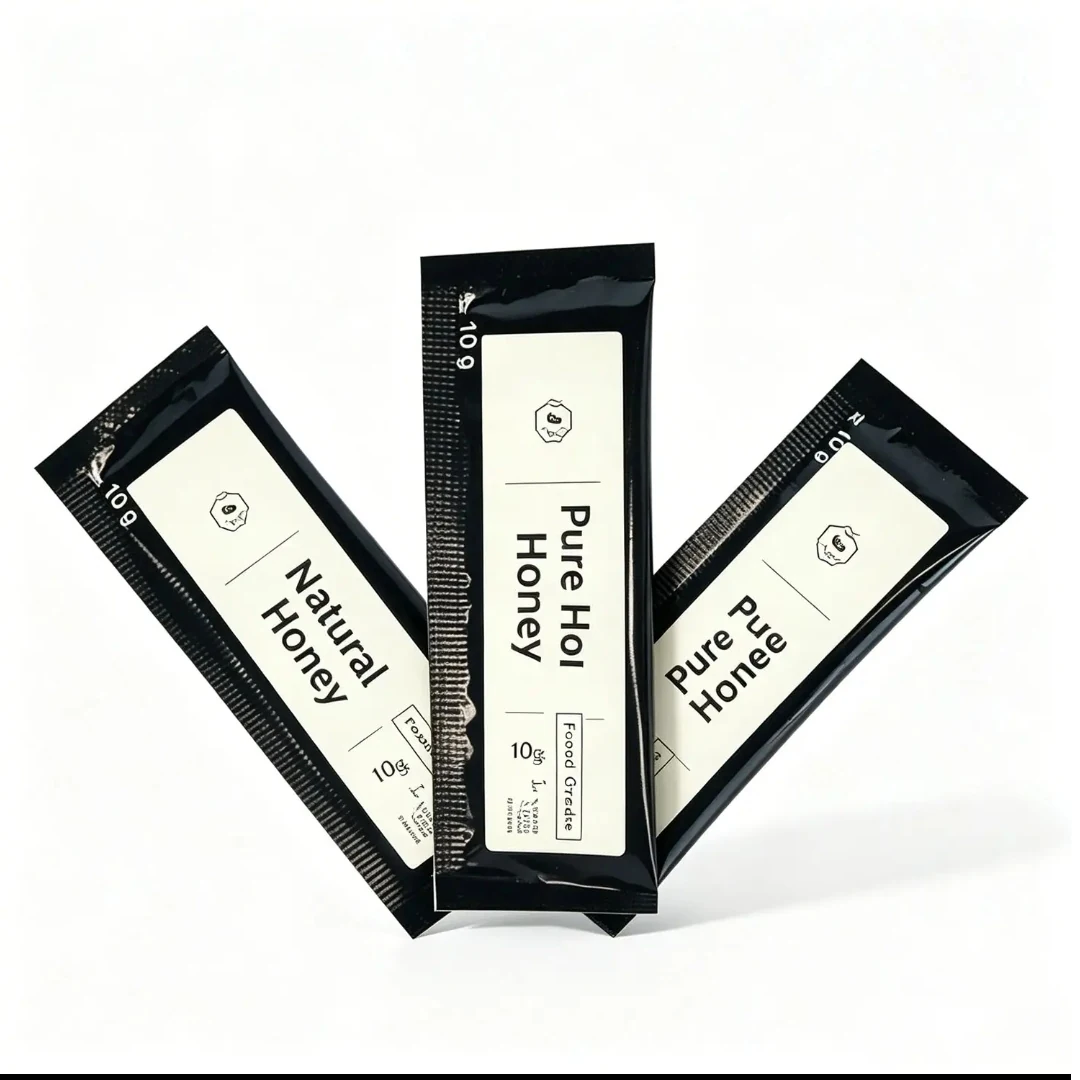Supplied product image showing black printed flat honey sachets