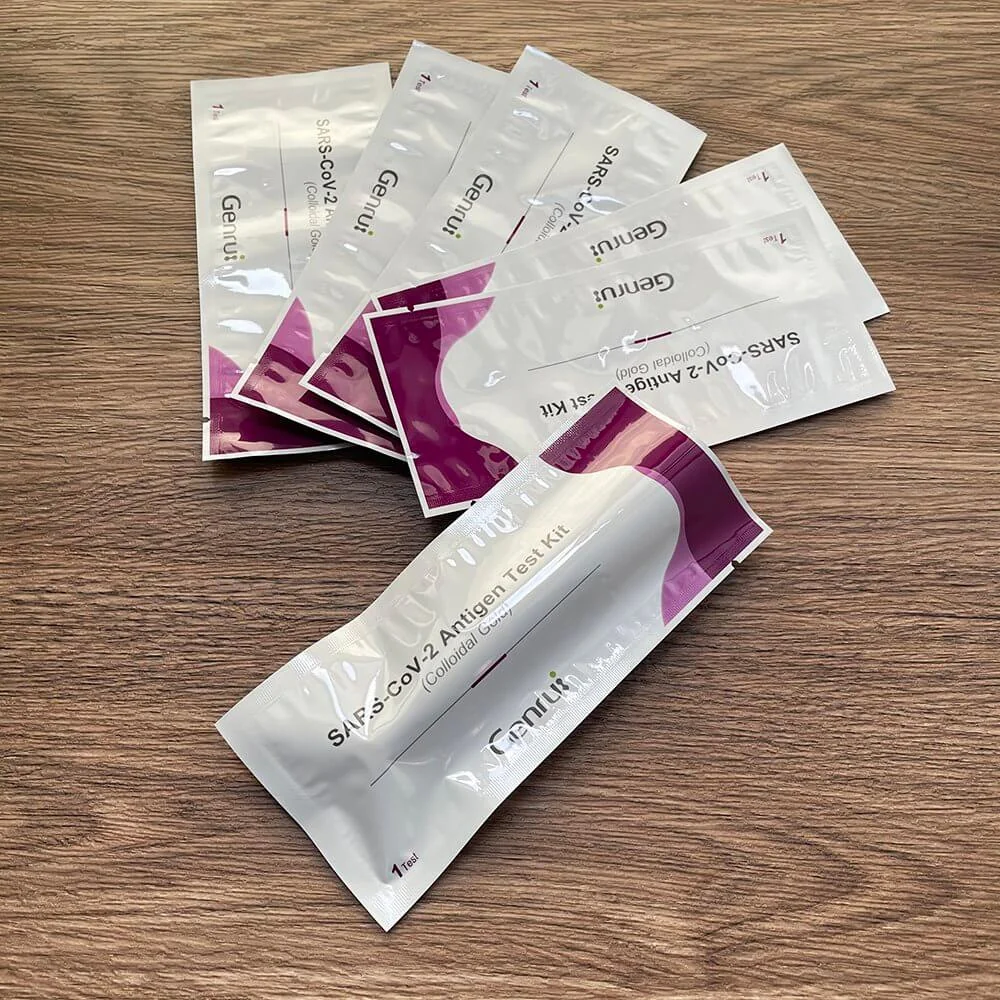 Printed white and purple foil pouches for diagnostic test kits