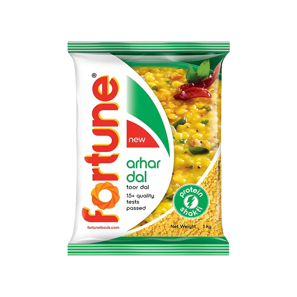 Fortune arhar dal in a yellow and green printed retail pouch