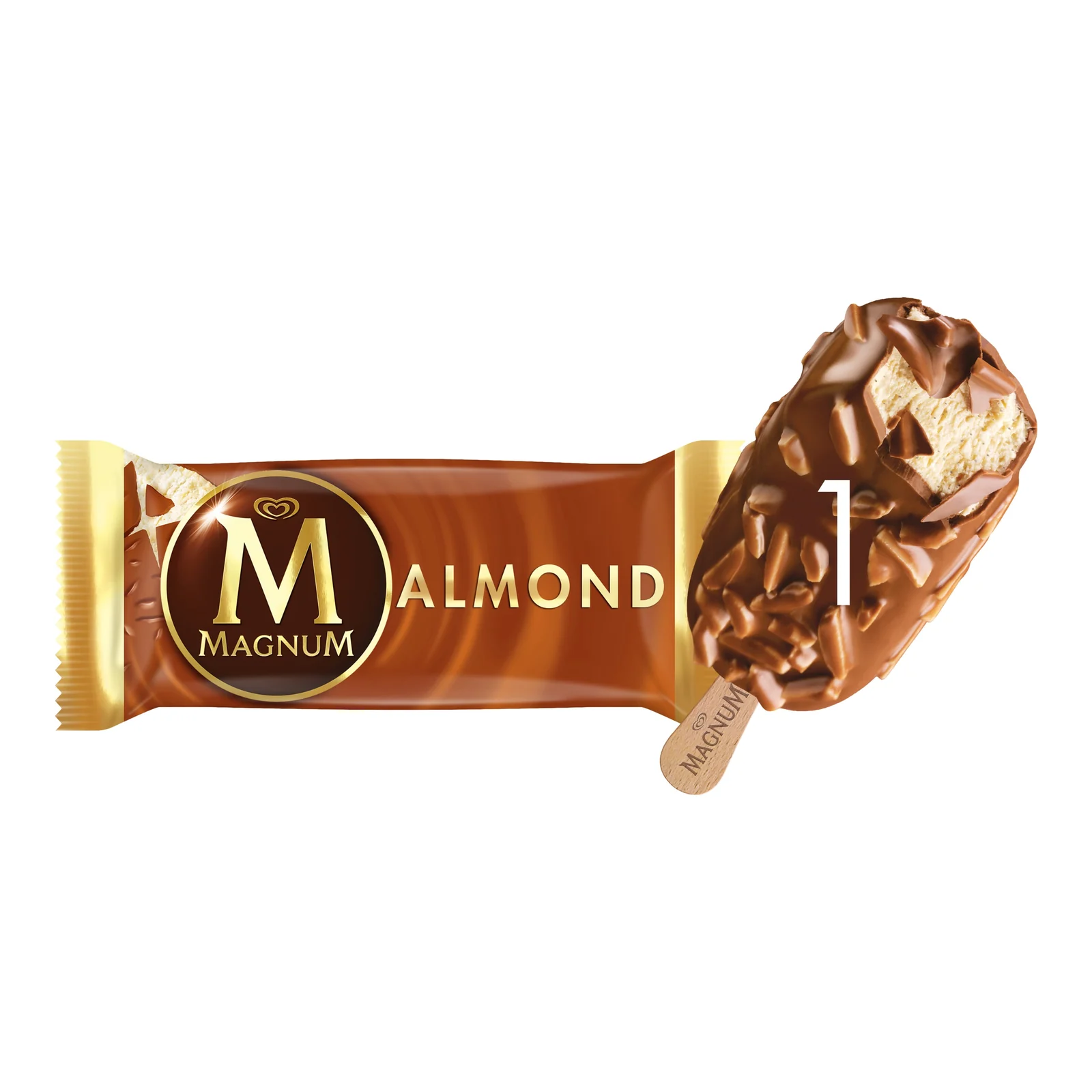 Magnum Almond ice cream bar beside its gold and brown wrapper