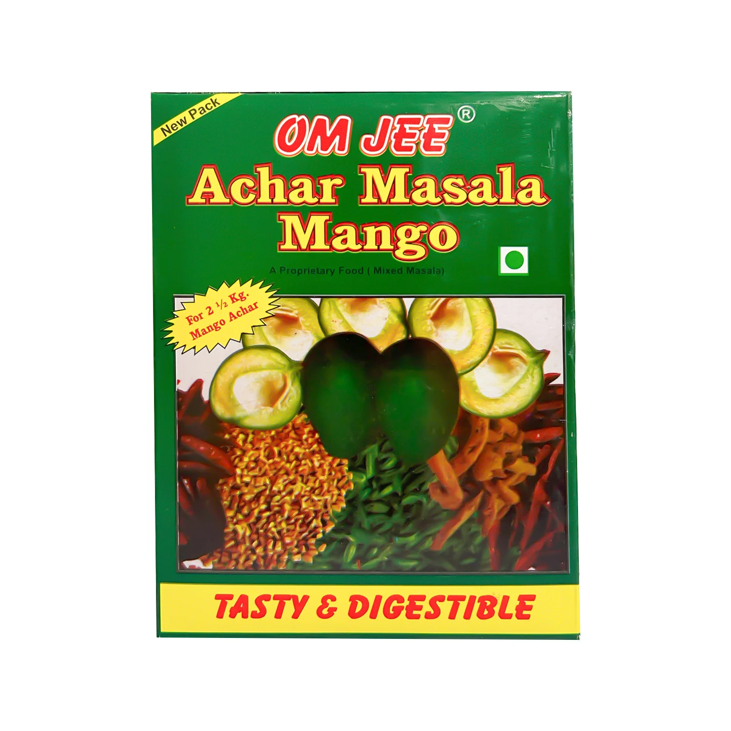 Omjee achar masala in a printed spice pouch