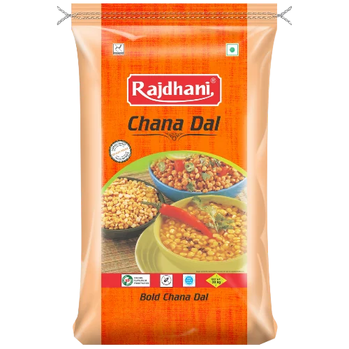 Rajdhani chana dal in an orange printed pouch with a clear product window