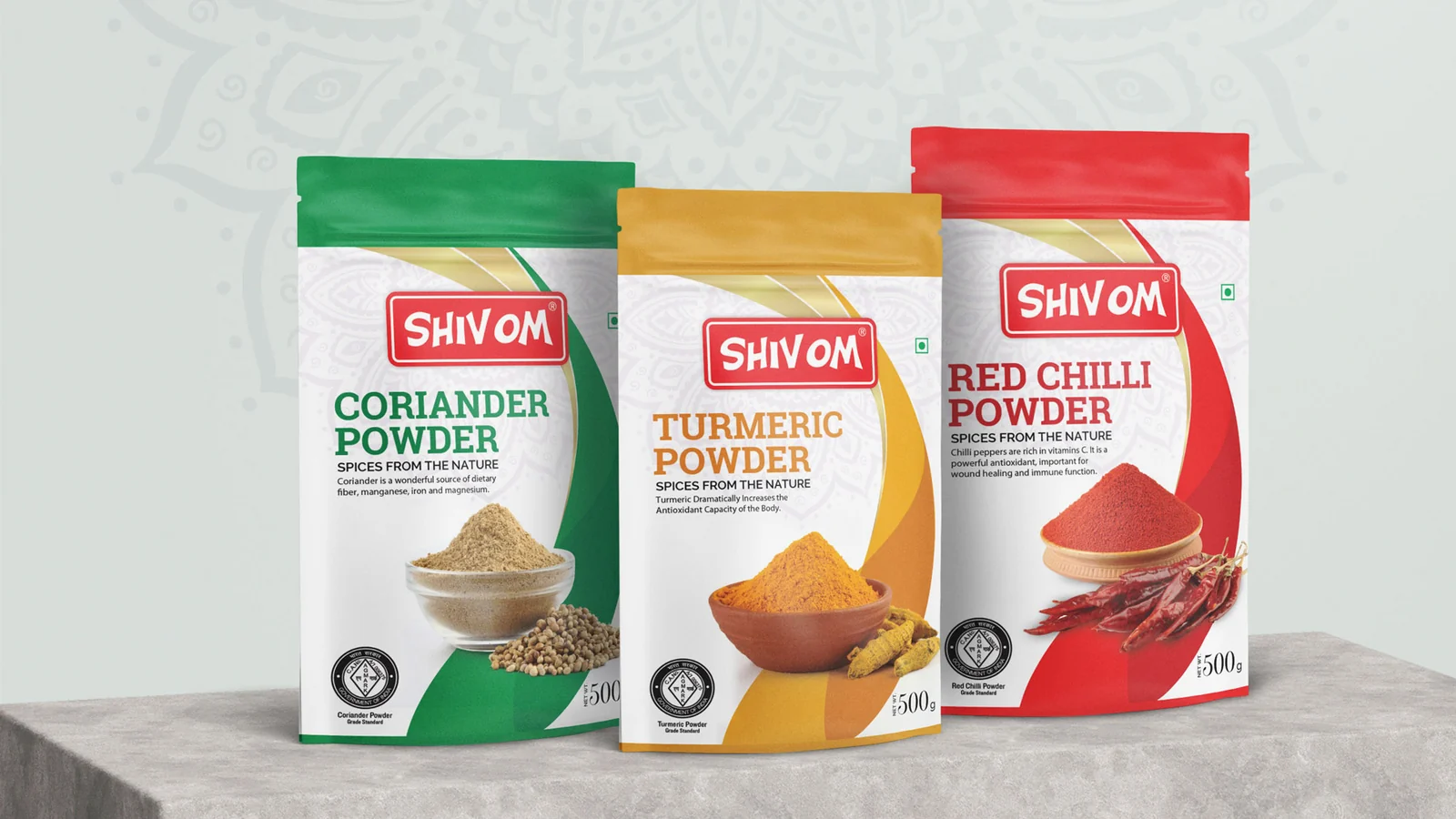 Shivom turmeric chilli and coriander spice pouches displayed as a range