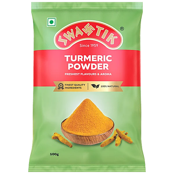 Swastik turmeric powder in a green and red printed spice pouch