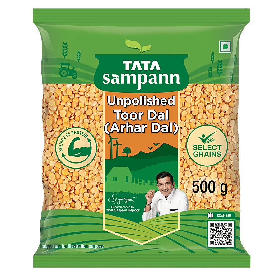 Tata Sampann toor dal in a green and yellow printed retail pouch