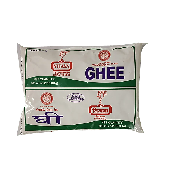 Vijaya ghee in a green and white printed flexible pouch