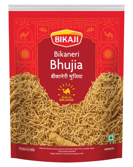 Bikaji Bikaneri Bhujia in a red printed snack pouch