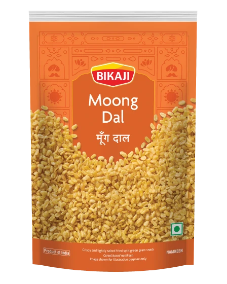 Bikaji moong dal in an orange printed namkeen pouch