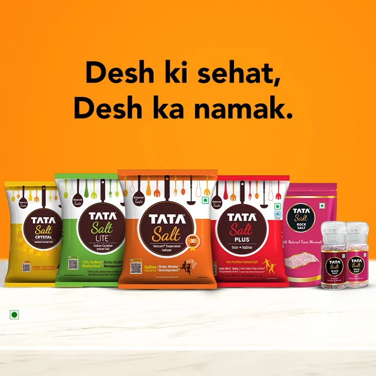 Tata Salt retail range with several differently coloured printed salt packs