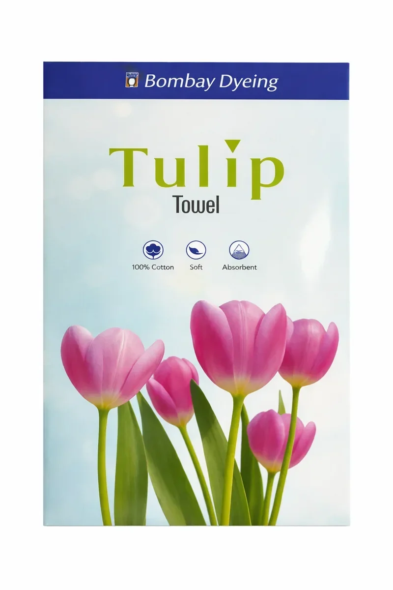Bombay Dyeing Tulip bath towel in its printed retail pack