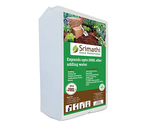 Srimathi cocopeat bale in a white printed polybag