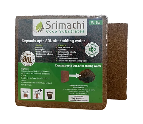 Srimathi cocopeat block with a printed label beside an unwrapped coir block