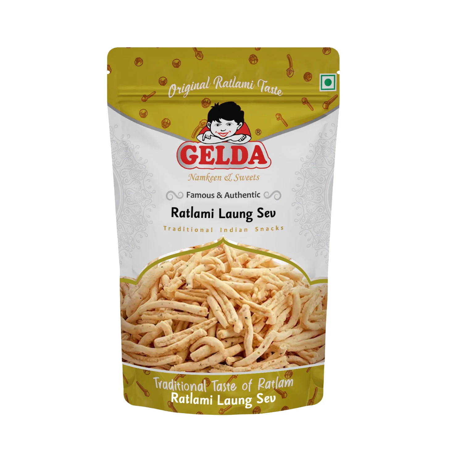 Gelda Foods Ratlami Laung Sev branded resealable pouch; Ratlam market example