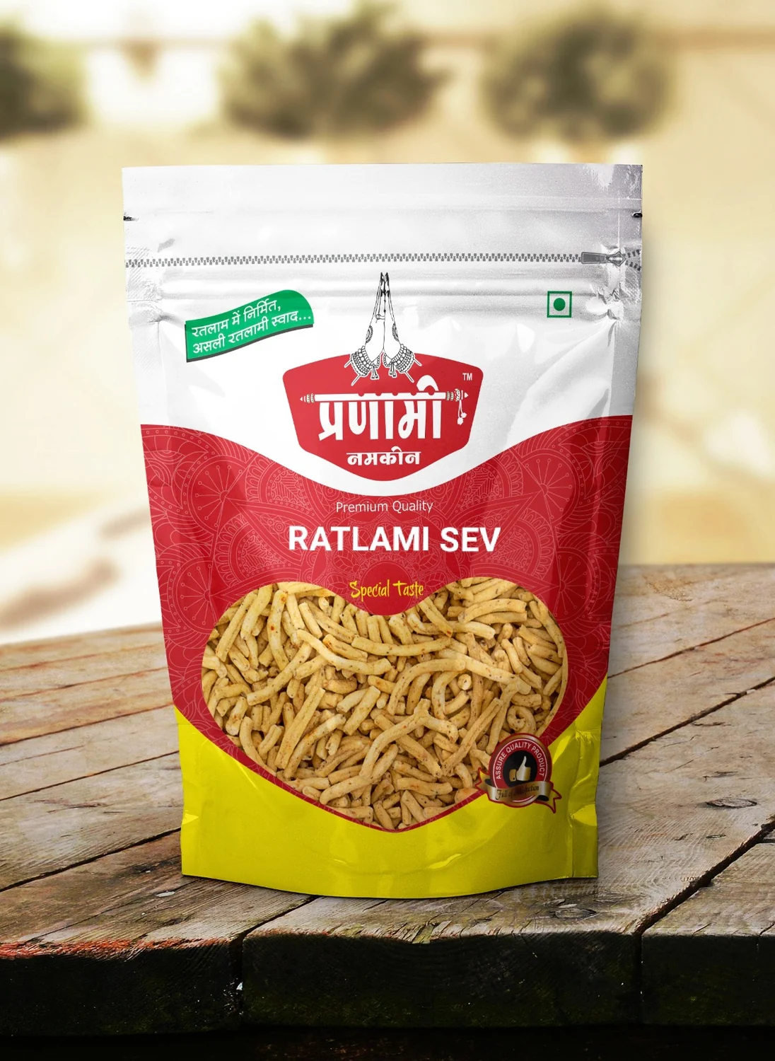 Pranami Foods Original Ratlami Sev branded stand-up pouch; Ratlam market example