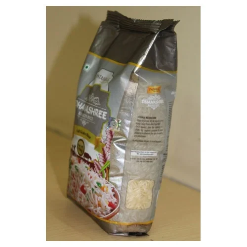 Silver printed rice bag with side gussets and a transparent grain window