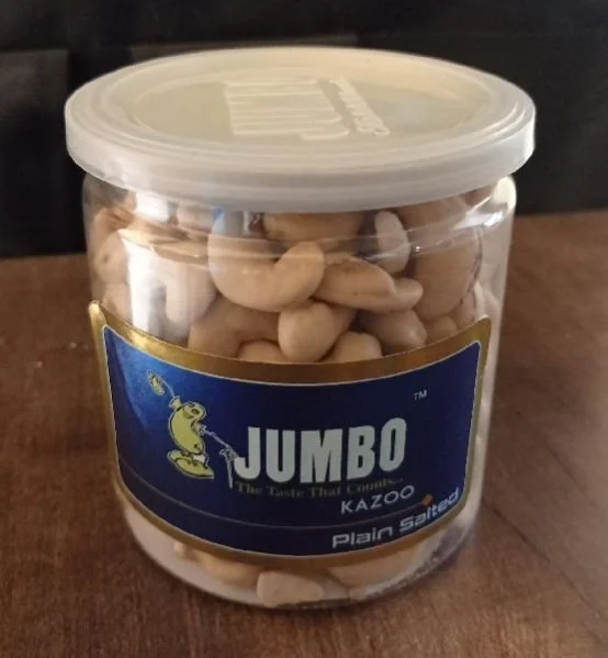 Jumbo Kazoo plain salted cashews in a clear jar with a blue label