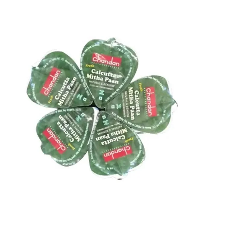 Five green Chandan Calcutta Mitha Paan packs with a betel-leaf shaped outline