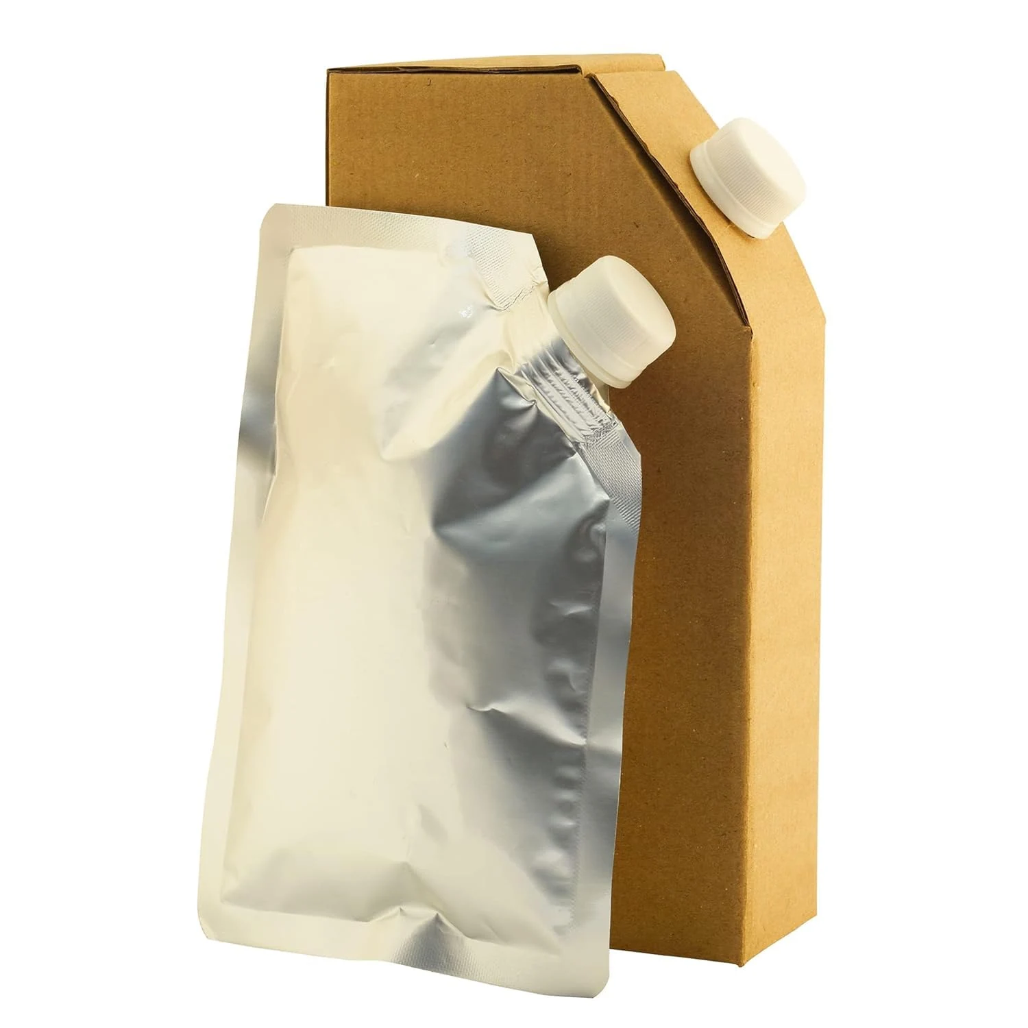 Silver flexible spout pouch beside a kraft-style carton, both with white screw caps