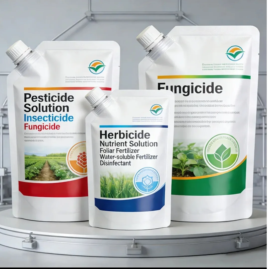 White printed agricultural liquid pouches with corner spouts