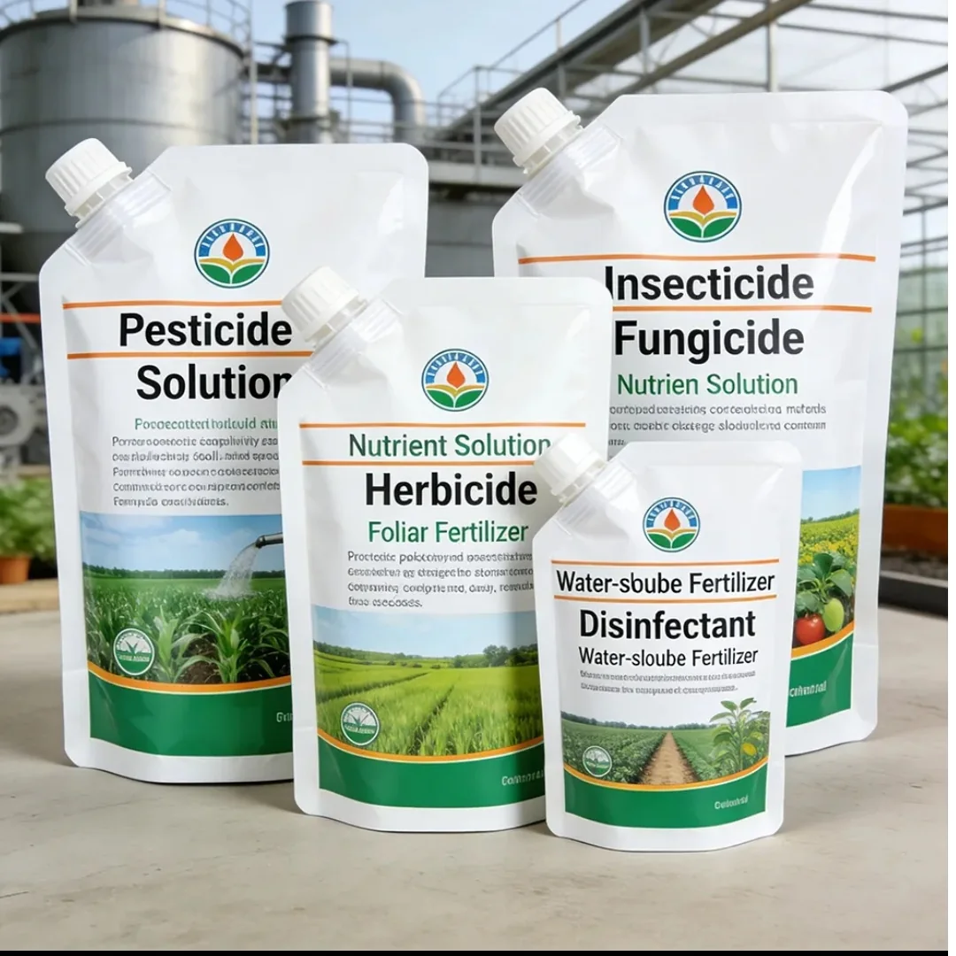 Printed agricultural refill pouches with corner spouts and different panel sizes