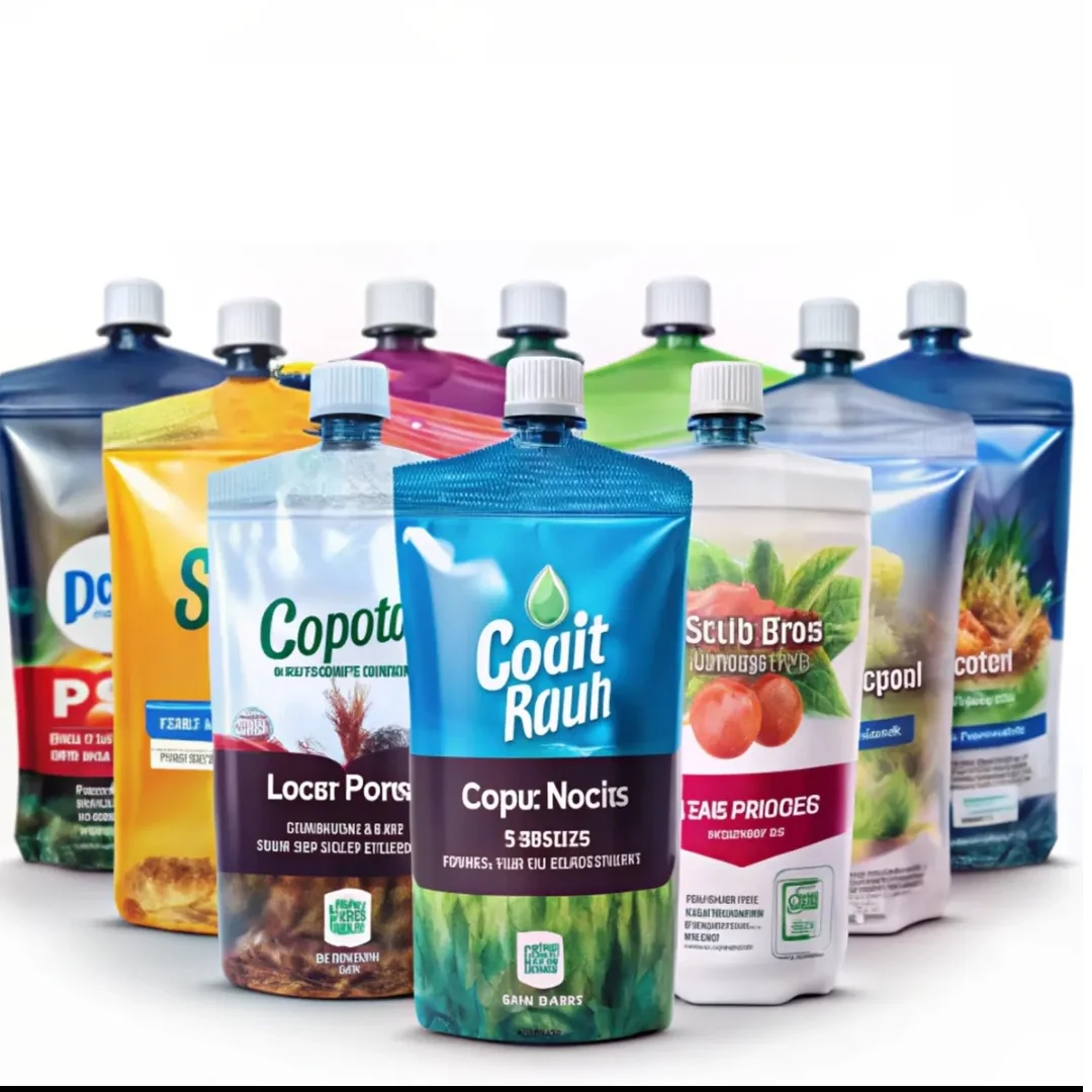 Colourful printed beverage-style pouches with central screw caps