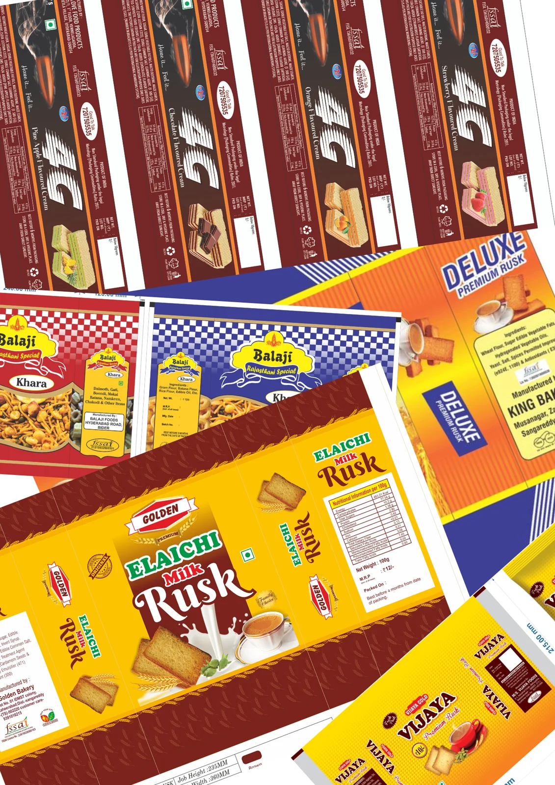 Biscuit rusk and wafer wrapper artwork arranged as printed panels