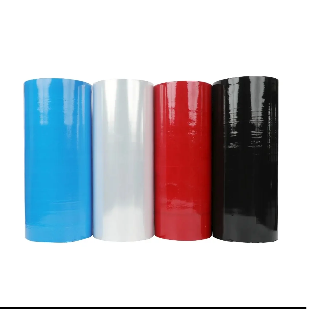 Blue white red and black protective film rolls standing upright